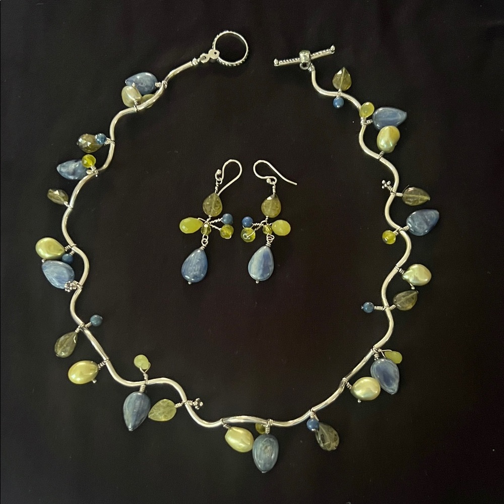 Sterling silver with Blue and Green Gemstones. Necklace and Earring Set